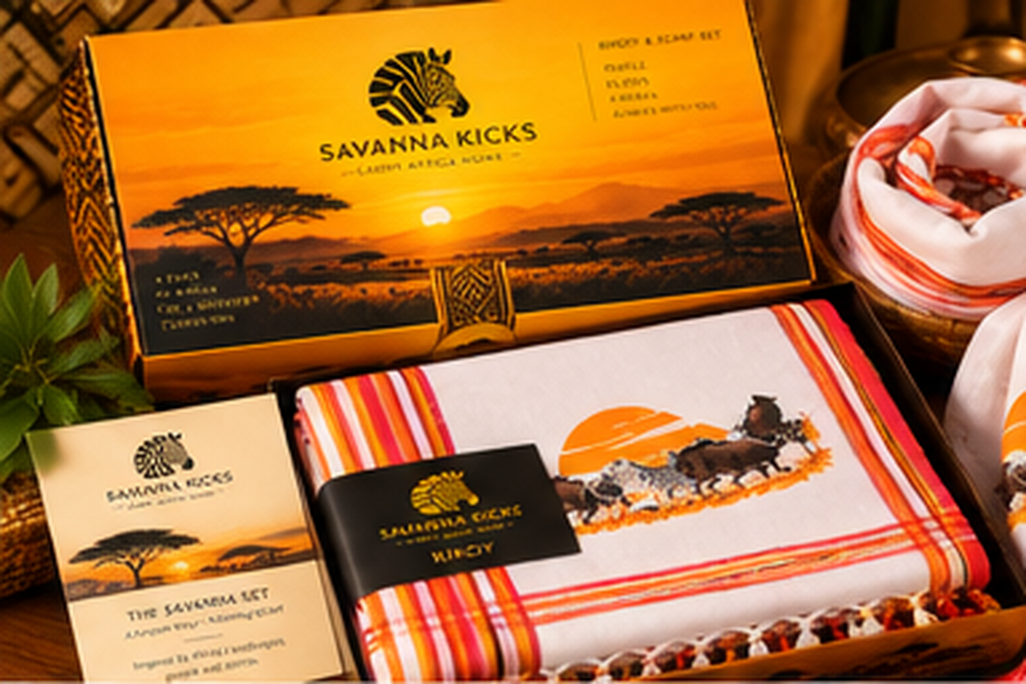 Savanna Kicks kikoy and matching scarf presented in a savanna-themed gift box.