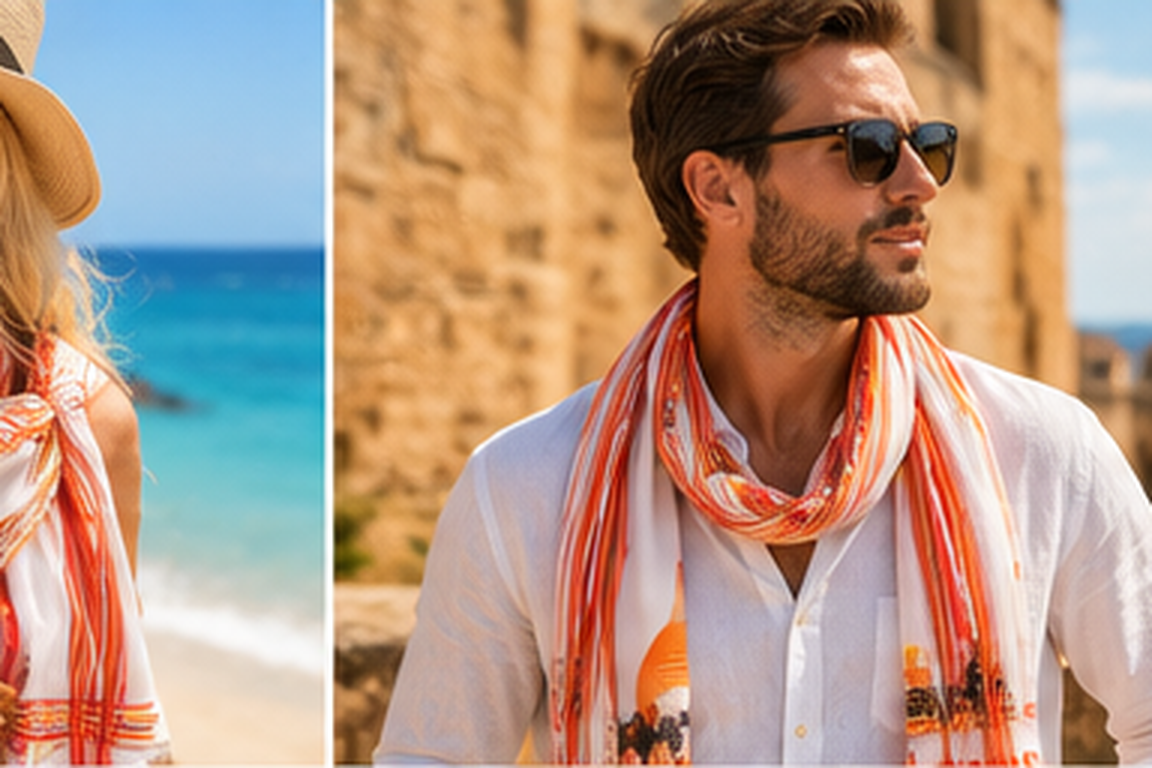 Man wearing the matching ivory Savanna scarf with orange and coral stripes.