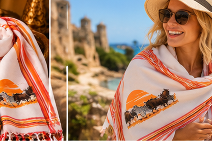 Woman wearing the ivory Savanna kikoy with orange and coral stripes as a shoulder wrap.