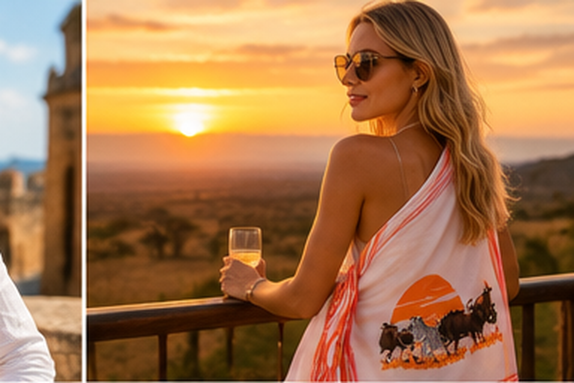 Woman wearing the Savanna wrap overlooking the landscape at sunset.