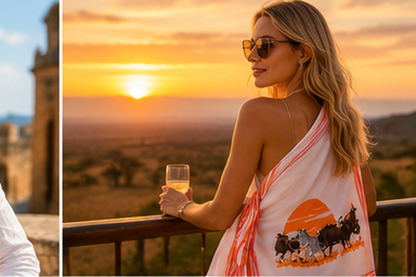 Woman wearing the Savanna wrap overlooking the landscape at sunset.